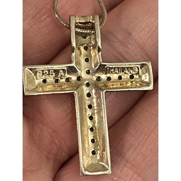 925 Sterling Silver Cross Pendant Necklace 16” Rhinestones Italy Thailand Marked - Picture 10 of 10